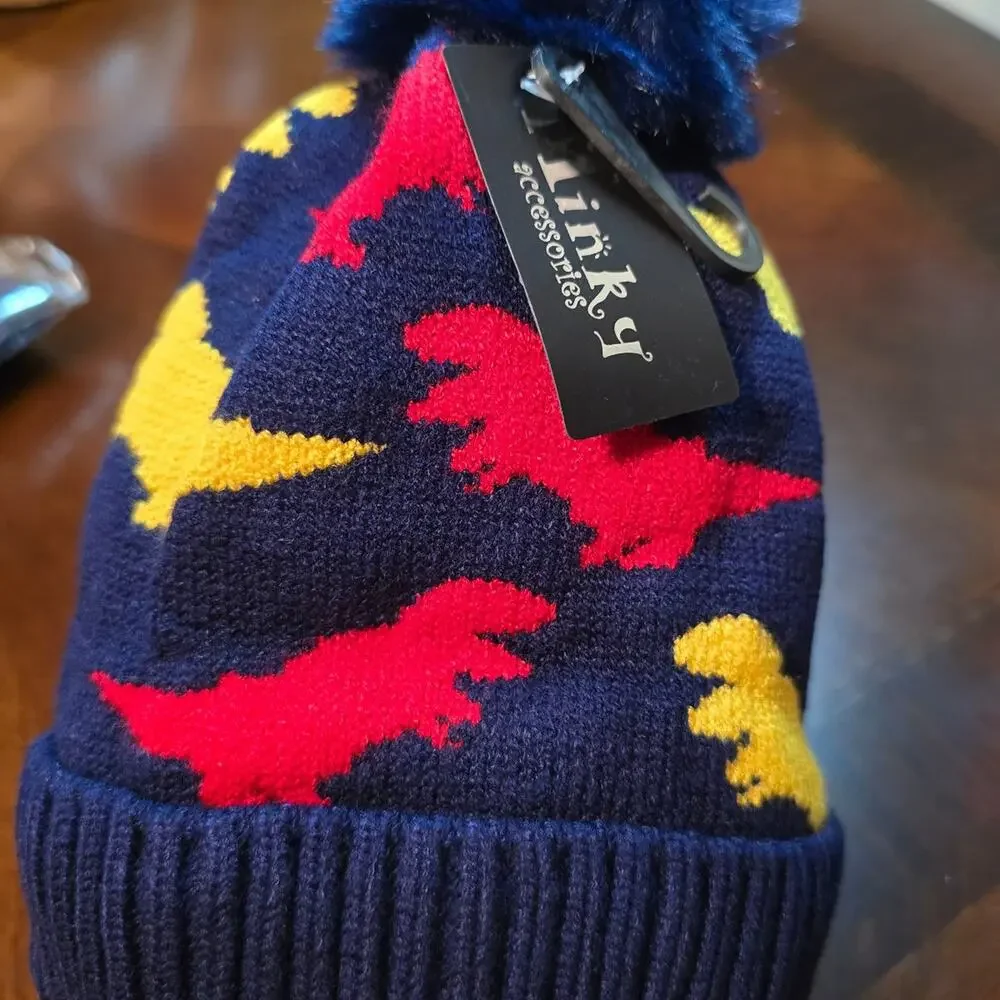 Minky Navy Dinosaur Pom Pom infant Beanie Hat NWT